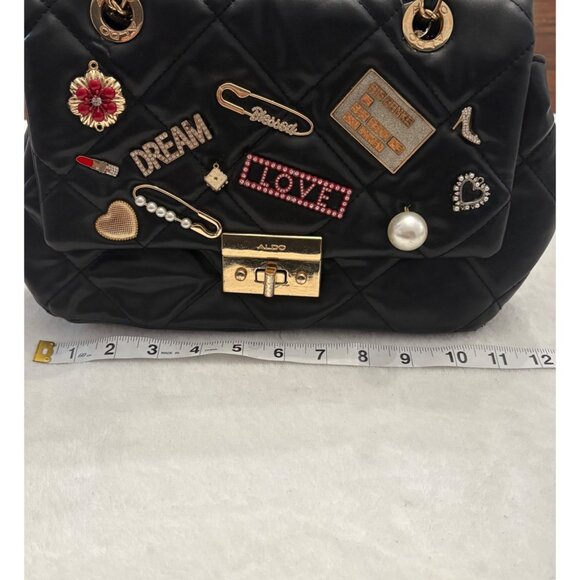 Aldo Black Quilted Chain Strap Shoulder Bag W/ GoldTone Accent & Decorative Pins - Picture 8 of 16